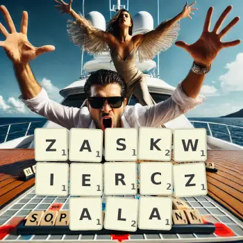 Kreatywna ilustracja do gry w Scrabble ze słowem ZASKWIERCZALA ułożonym z płytek na planszy.