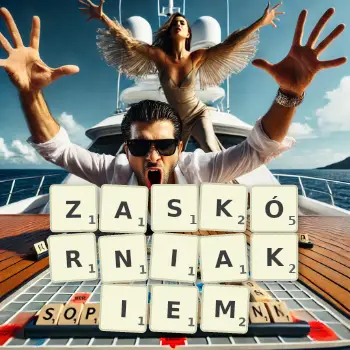 Kreatywna ilustracja do gry w Scrabble ze słowem ZASKÓRNIAKIEM ułożonym z płytek na planszy.