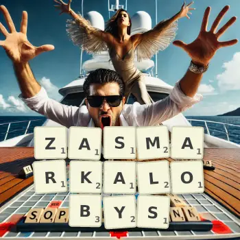 Kreatywna ilustracja do gry w Scrabble ze słowem ZASMARKALOBYS ułożonym z płytek na planszy.