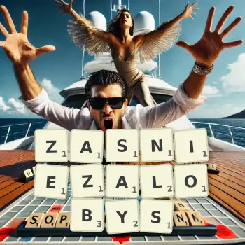 Kreatywna ilustracja do gry w Scrabble ze słowem ZASNIEZALOBYS ułożonym z płytek na planszy.