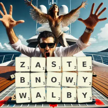 Kreatywna ilustracja do gry w Scrabble ze słowem ZASTEBNOWYWALBY ułożonym z płytek na planszy.