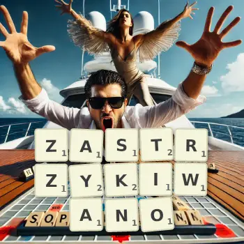 Kreatywna ilustracja do gry w Scrabble ze słowem ZASTRZYKIWANO ułożonym z płytek na planszy.