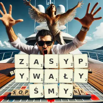 Kreatywna ilustracja do gry w Scrabble ze słowem ZASYPYWAŁYŚMY ułożonym z płytek na planszy.