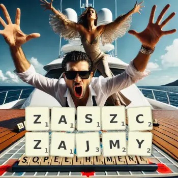 Kreatywna ilustracja do gry w Scrabble ze słowem ZASZCZAJMY ułożonym z płytek na planszy.