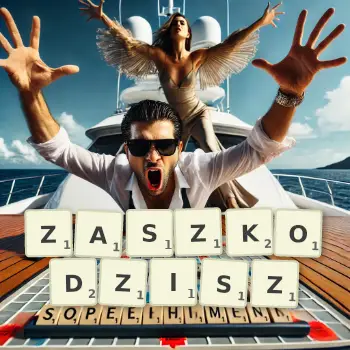 Kreatywna ilustracja do gry w Scrabble ze słowem ZASZKODZISZ ułożonym z płytek na planszy.
