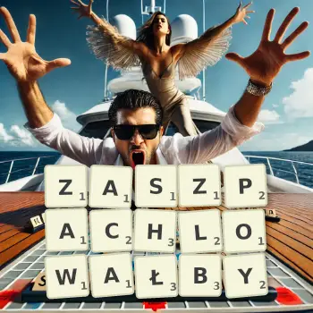 Kreatywna ilustracja do gry w Scrabble ze słowem ZASZPACHLOWAŁBY ułożonym z płytek na planszy.