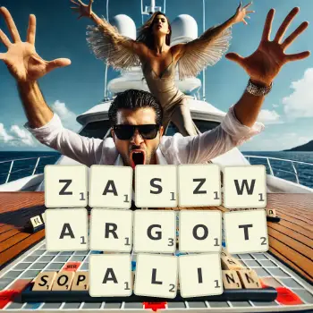 Kreatywna ilustracja do gry w Scrabble ze słowem ZASZWARGOTALI ułożonym z płytek na planszy.