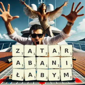 Kreatywna ilustracja do gry w Scrabble ze słowem ZATARABANIŁABYM ułożonym z płytek na planszy.