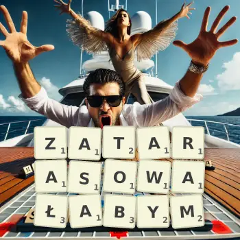 Kreatywna ilustracja do gry w Scrabble ze słowem ZATARASOWAŁABYM ułożonym z płytek na planszy.