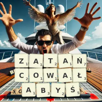 Kreatywna ilustracja do gry w Scrabble ze słowem ZATAŃCOWAŁABYŚ ułożonym z płytek na planszy.