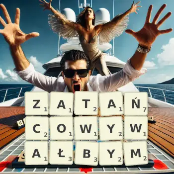 Kreatywna ilustracja do gry w Scrabble ze słowem ZATAŃCOWYWAŁBYM ułożonym z płytek na planszy.