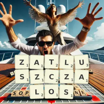 Kreatywna ilustracja do gry w Scrabble ze słowem ZATLUSZCZALOS ułożonym z płytek na planszy.