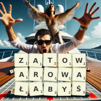 Kreatywna ilustracja do gry w Scrabble ze słowem ZATOWAROWAŁABYŚ ułożonym z płytek na planszy.