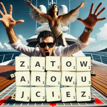 Kreatywna ilustracja do gry w Scrabble ze słowem ZATOWAROWUJCIEZ ułożonym z płytek na planszy.