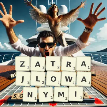 Kreatywna ilustracja do gry w Scrabble ze słowem ZATRAJLOWANYMI ułożonym z płytek na planszy.