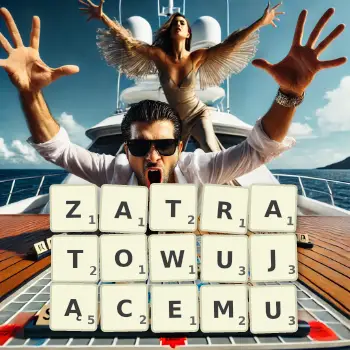 Kreatywna ilustracja do gry w Scrabble ze słowem ZATRATOWUJĄCEMU ułożonym z płytek na planszy.