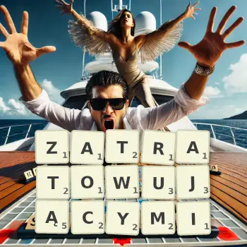 Kreatywna ilustracja do gry w Scrabble ze słowem ZATRATOWUJĄCYMI ułożonym z płytek na planszy.