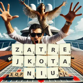 Kreatywna ilustracja do gry w Scrabble ze słowem ZATREJKOTANIU ułożonym z płytek na planszy.