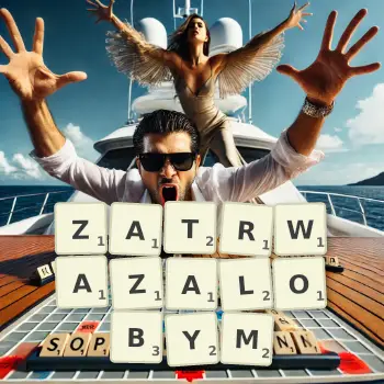 Kreatywna ilustracja do gry w Scrabble ze słowem ZATRWAZALOBYM ułożonym z płytek na planszy.