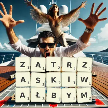 Kreatywna ilustracja do gry w Scrabble ze słowem ZATRZASKIWAŁBYM ułożonym z płytek na planszy.