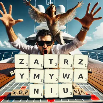 Kreatywna ilustracja do gry w Scrabble ze słowem ZATRZYMYWANIU ułożonym z płytek na planszy.