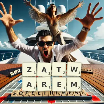 Kreatywna ilustracja do gry w Scrabble ze słowem ZATWAREM ułożonym z płytek na planszy.