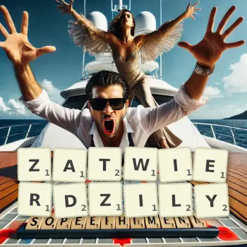 Kreatywna ilustracja do gry w Scrabble ze słowem ZATWIERDZILY ułożonym z płytek na planszy.