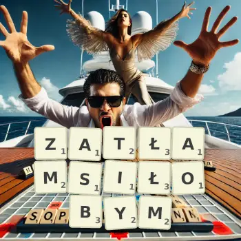 Kreatywna ilustracja do gry w Scrabble ze słowem ZATŁAMSIŁOBYM ułożonym z płytek na planszy.