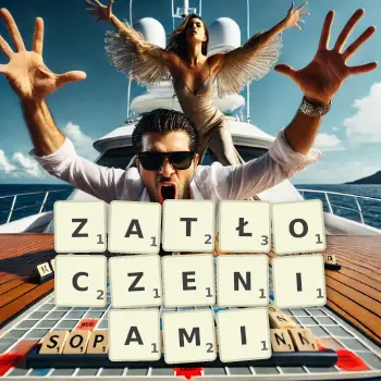 Kreatywna ilustracja do gry w Scrabble ze słowem ZATŁOCZENIAMI ułożonym z płytek na planszy.