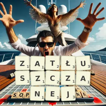 Kreatywna ilustracja do gry w Scrabble ze słowem ZATŁUSZCZANEJ ułożonym z płytek na planszy.