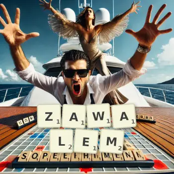 Kreatywna ilustracja do gry w Scrabble ze słowem ZAWALEM ułożonym z płytek na planszy.