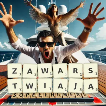 Kreatywna ilustracja do gry w Scrabble ze słowem ZAWARSTWIAJĄ ułożonym z płytek na planszy.