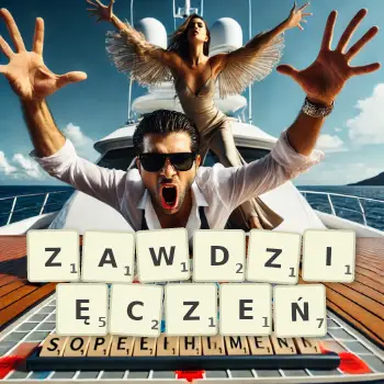 Kreatywna ilustracja do gry w Scrabble ze słowem ZAWDZIĘCZEŃ ułożonym z płytek na planszy.
