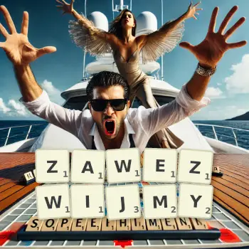 Kreatywna ilustracja do gry w Scrabble ze słowem ZAWEZWIJMY ułożonym z płytek na planszy.