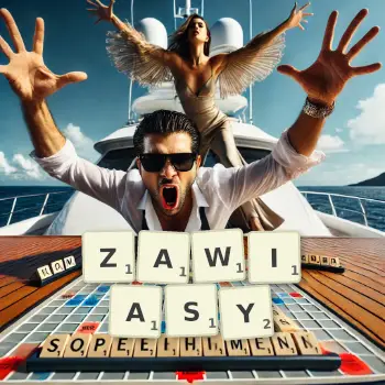 Kreatywna ilustracja do gry w Scrabble ze słowem ZAWIASY ułożonym z płytek na planszy.