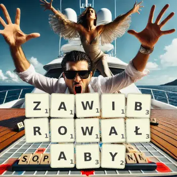 Kreatywna ilustracja do gry w Scrabble ze słowem ZAWIBROWAŁABY ułożonym z płytek na planszy.