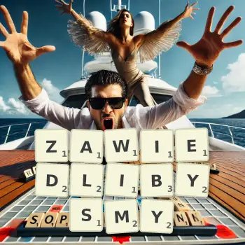 Kreatywna ilustracja do gry w Scrabble ze słowem ZAWIEDLIBYSMY ułożonym z płytek na planszy.