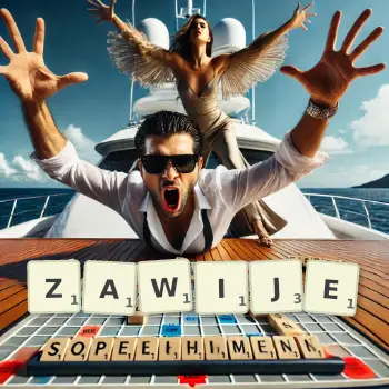 Kreatywna ilustracja do gry w Scrabble ze słowem ZAWIJE ułożonym z płytek na planszy.