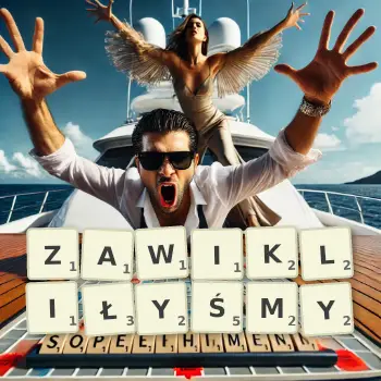Kreatywna ilustracja do gry w Scrabble ze słowem ZAWIKLIŁYŚMY ułożonym z płytek na planszy.