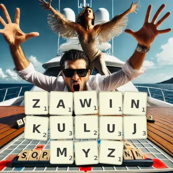 Kreatywna ilustracja do gry w Scrabble ze słowem ZAWINKULUJMYZ ułożonym z płytek na planszy.