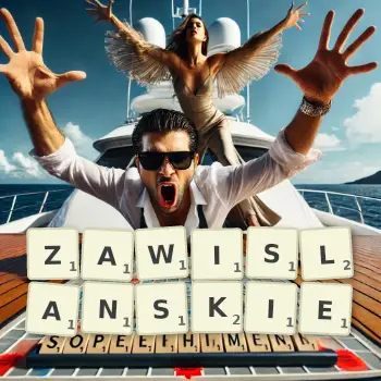Kreatywna ilustracja do gry w Scrabble ze słowem ZAWISLANSKIE ułożonym z płytek na planszy.
