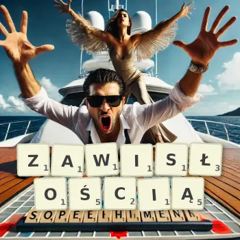 Kreatywna ilustracja do gry w Scrabble ze słowem ZAWISŁOŚCIĄ ułożonym z płytek na planszy.