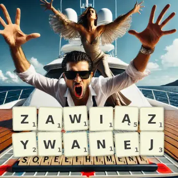 Kreatywna ilustracja do gry w Scrabble ze słowem ZAWIĄZYWANEJ ułożonym z płytek na planszy.