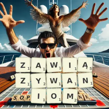 Kreatywna ilustracja do gry w Scrabble ze słowem ZAWIĄZYWANIOM ułożonym z płytek na planszy.