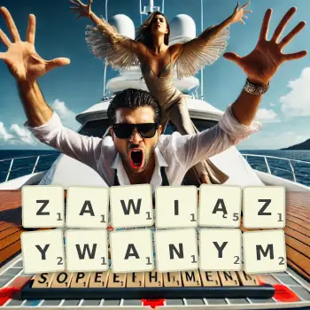 Kreatywna ilustracja do gry w Scrabble ze słowem ZAWIĄZYWANYM ułożonym z płytek na planszy.