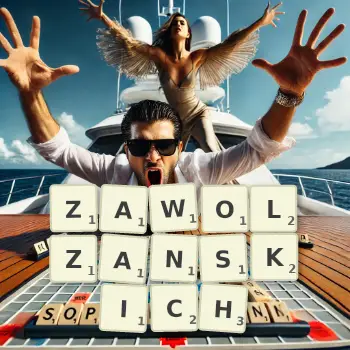 Kreatywna ilustracja do gry w Scrabble ze słowem ZAWOLZANSKICH ułożonym z płytek na planszy.