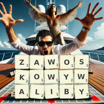 Kreatywna ilustracja do gry w Scrabble ze słowem ZAWOSKOWYWALIBY ułożonym z płytek na planszy.