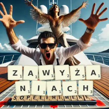 Kreatywna ilustracja do gry w Scrabble ze słowem ZAWYŻANIACH ułożonym z płytek na planszy.