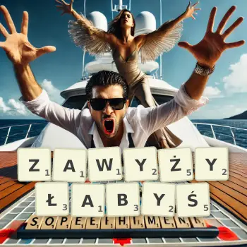 Kreatywna ilustracja do gry w Scrabble ze słowem ZAWYŻYŁABYŚ ułożonym z płytek na planszy.