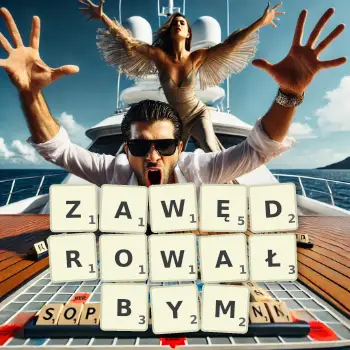 Kreatywna ilustracja do gry w Scrabble ze słowem ZAWĘDROWAŁBYM ułożonym z płytek na planszy.
